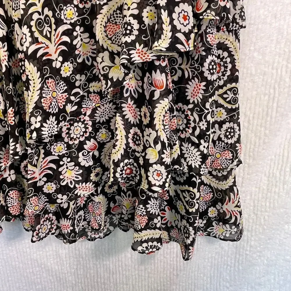 Boden Black Multicolored Floral Printed Tiered Satin Ruffle Maxi Skirt Size 8